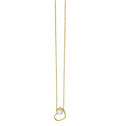 Open Heart and Pearl Necklace in 14K Yellow Gold