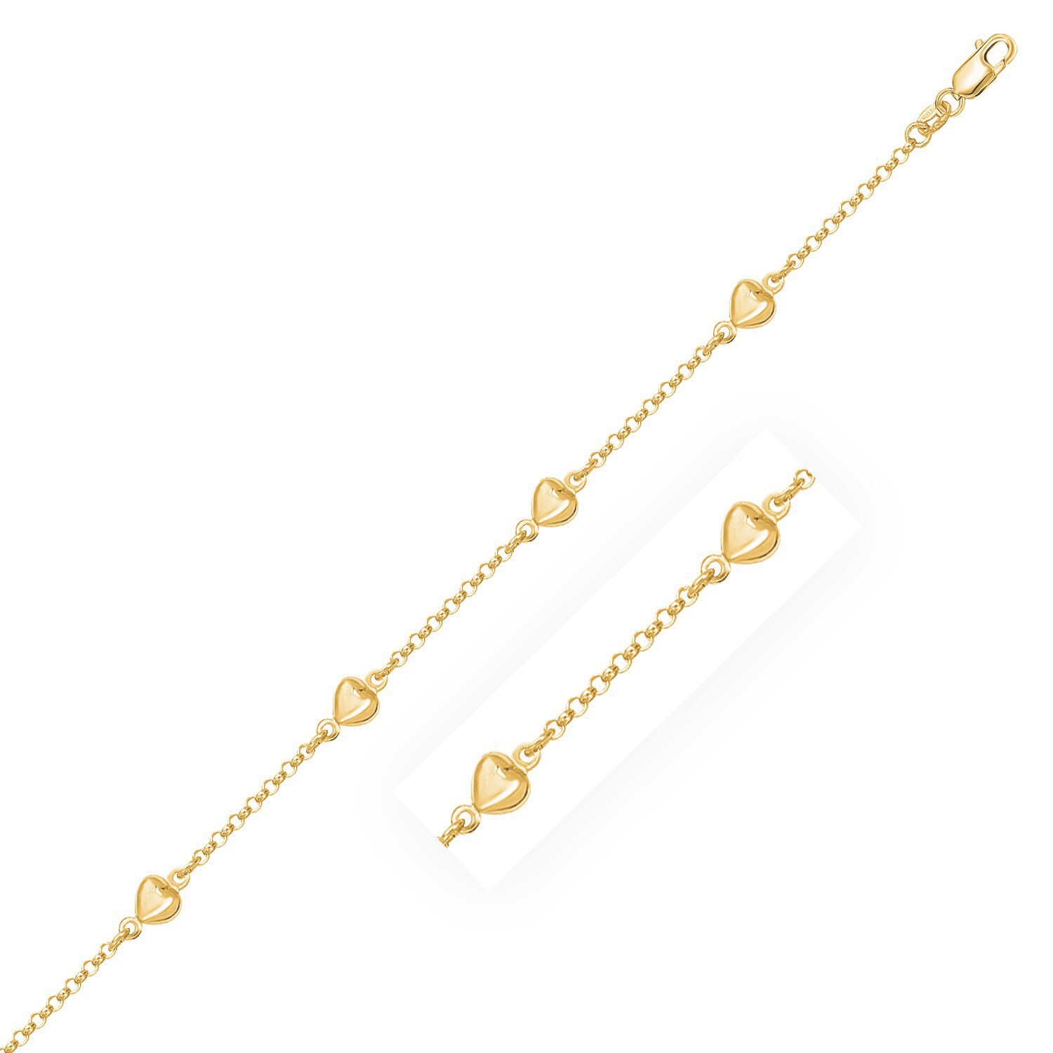 14k Yellow Gold Rolo Chain Bracelet with Puffed Heart Stations (3.30 mm) 14k Yellow Gold Rolo Chain Bracelet with Puffed Heart Stations (3.30 mm)