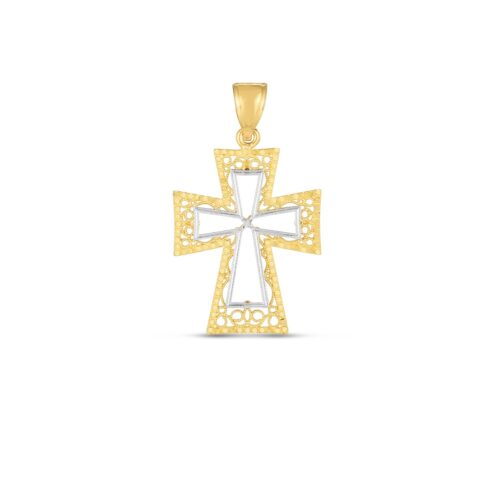 14k Two Tone Gold High Polish Diamond Cut Cross Pendant