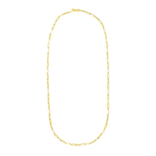 14k Yellow Gold Paperclip Chain and Pearl Necklace
