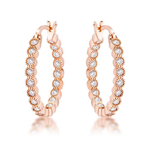 Rose Gold Plated Dotted Clear CZ Round Bezel Hoop Earrings