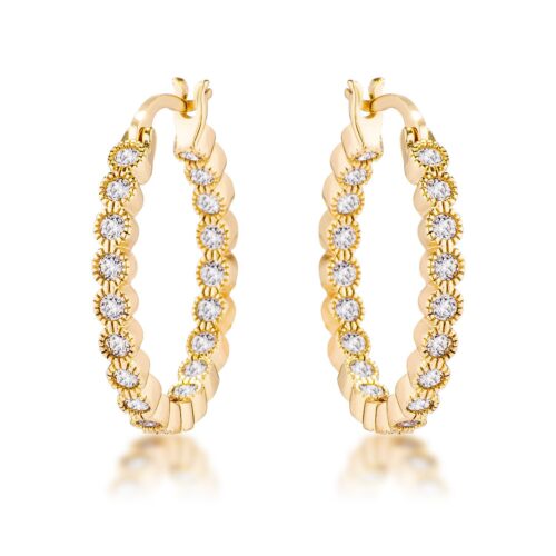 Gold Plated Dotted Clear CZ Round Bezel Hoop Earrings