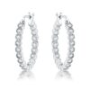 Rhodium Plated Dotted Clear CZ Round Bezel Hoop Earrings