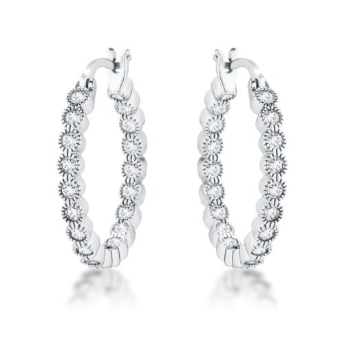 Rhodium Plated Dotted Clear CZ Round Bezel Hoop Earrings