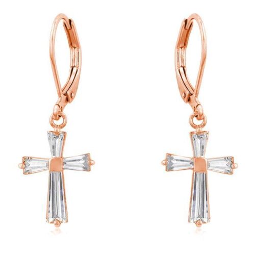Rose Gold Plated CZ Cross Drop Earrings