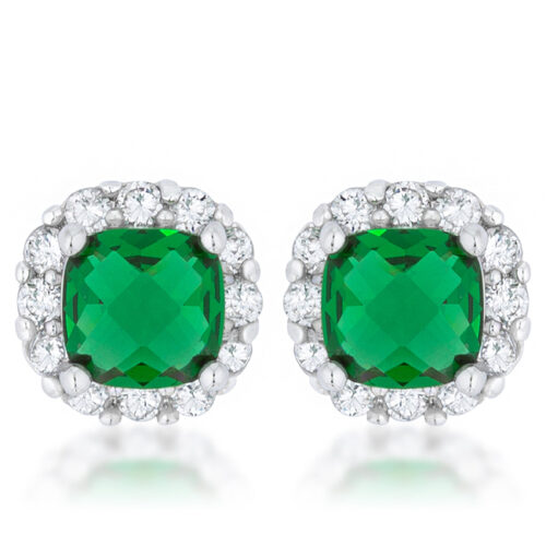 Liz 2ct Emerald CZ Rhodium Classic Cushion Stud Earrings
