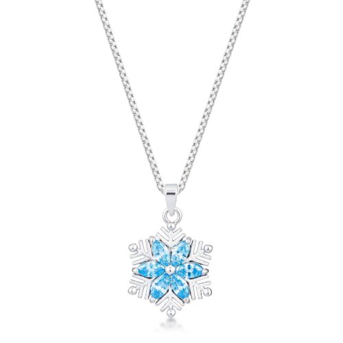 Rhodium Plated Brilliant Marquise Aqua Blue Snowflake Pendant
