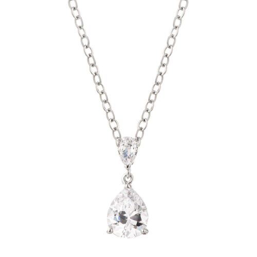 Rhodium Plated Double Pear CZ Drop Pendant Necklace