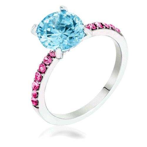 2.3CT Pink Ice and Aqua CZ Rhodium Ring
